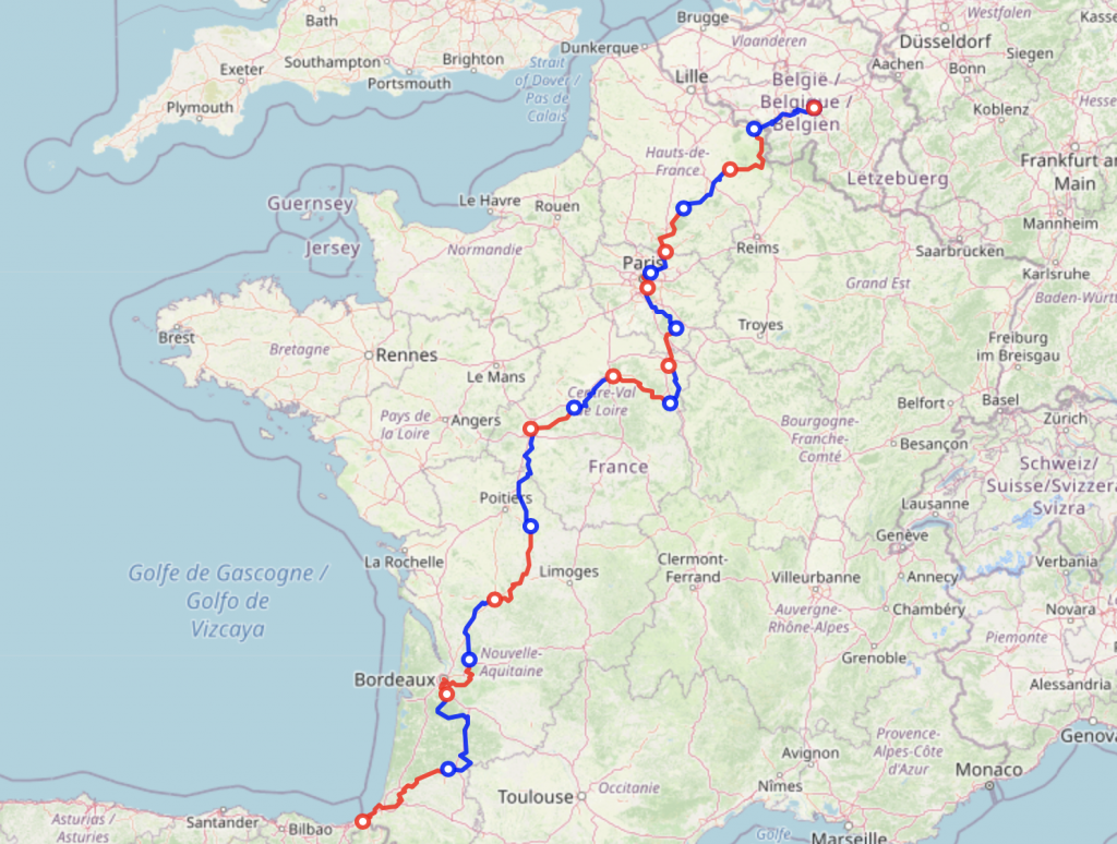 Carte du trajet EuroVelo 3 Bordeaux Norvège